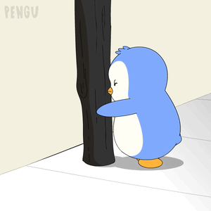 A blue penguin presses its head against a tree trunk.