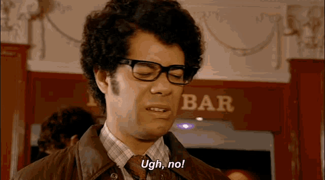 a man says ugh no in front of a bar sign