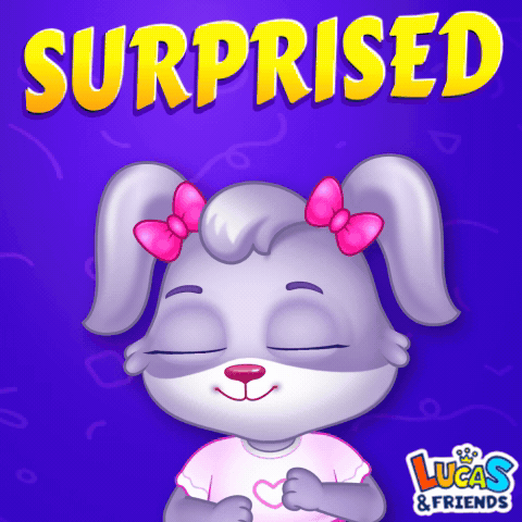 A cartoon bunny clasps its paws under the word “SURPRISED.”