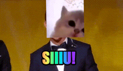 a man in a tuxedo has a picture of a cat on his face and the word siiiu written in rainbow colors