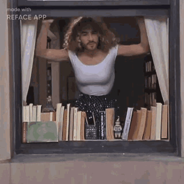 a man with a beard is looking out of a window filled with books ..