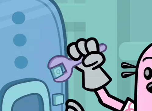 a pink cartoon character is holding a wrench in front of a building
