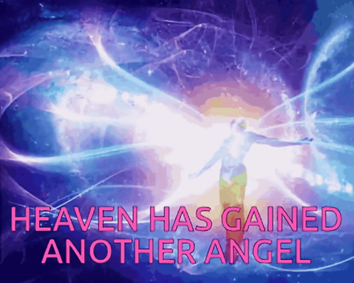 heaven has gained another angel is written in pink on a purple background