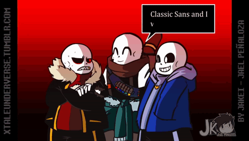 three cartoon characters are standing next to each other and one of them is talking about classic sans and i