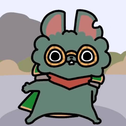 A goggle-wearing cartoon rat in a cape dances in place.