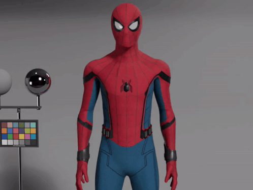 a 3d model of a spiderman standing in front of a checkered board