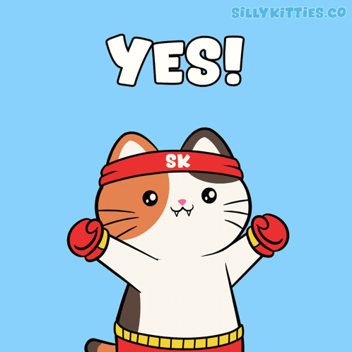 A boxing-glove-wearing cartoon cat cheers beneath “YES!”