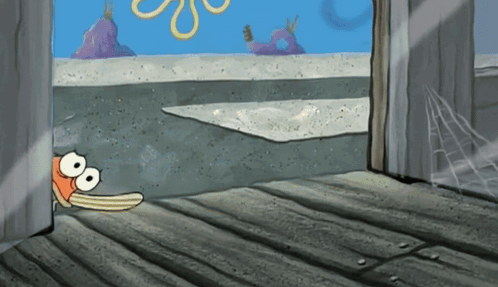 A fish crawls weakly across a dock in a SpongeBob scene.