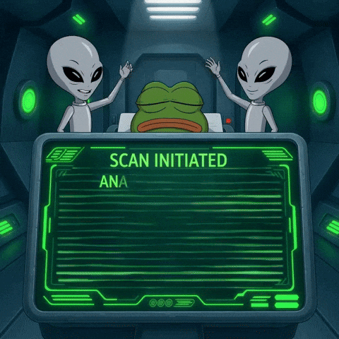 Pepe the Frog is scanned by aliens in a lab, captioned “SCAN INITIATED.”