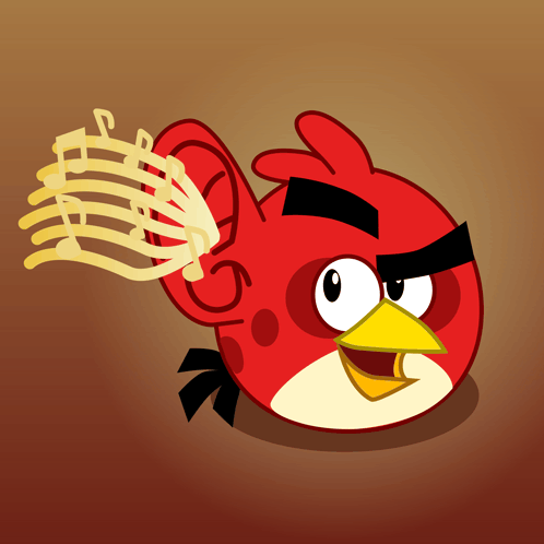 a red angry bird is holding a bunch of music notes