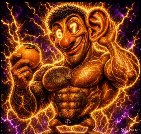 a cartoon of a man holding an orange with the number 6 on his face