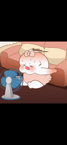 a cartoon of a baby sitting next to a fan