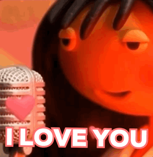 a cartoon character is singing into a microphone with the words " i love you " below her
