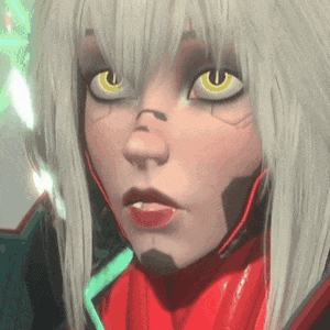 a close up of a woman 's face with yellow eyes and red lips
