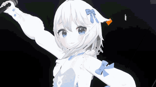 a cartoon character with white hair and blue eyes is holding a microphone
