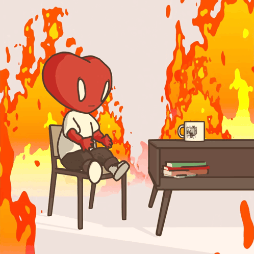 a cartoon character with a heart on his head sits in front of a fire