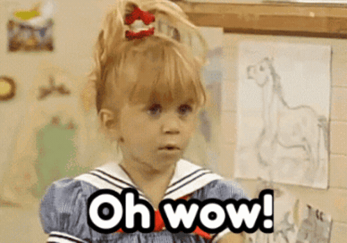 A young girl looks stunned as the caption reads “Oh wow!”