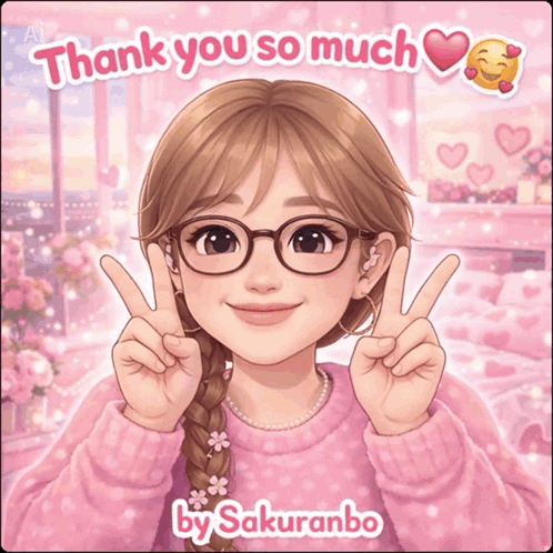 An illustrated girl in glasses flashes peace signs under “Thank you so much.”