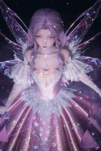 a girl with pink hair and wings is wearing a purple dress
