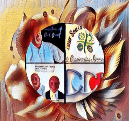 a painting of a man 's face and the words " our seaso " and " construction services "