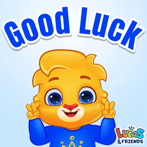 A cheerful cartoon lion holds up a peace sign beneath large blue “Good Luck” text.