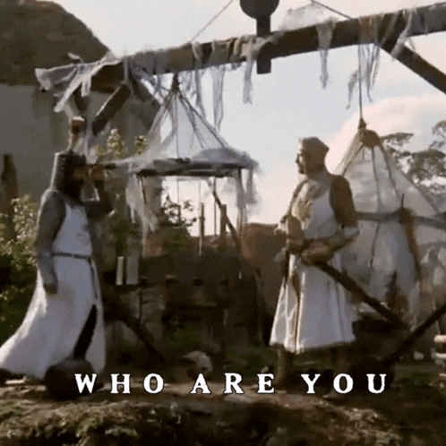 a man in a knight 's armor stands next to another man with the words who are you written below them