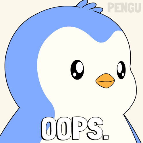 A blue cartoon penguin fills the frame with a large “OOPS.” caption.