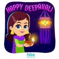 a cartoon girl is holding a candle in her hands and wishing happy deepavali .