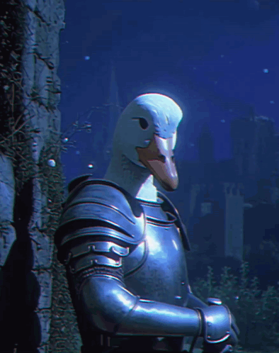 a bird with a large beak is wearing a knight armor
