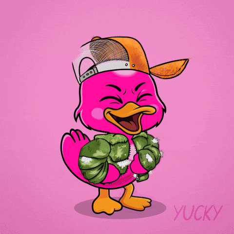 A pink cartoon duck in a cap and camouflage shirt laughs on a pink background.