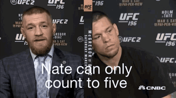 two men are standing next to each other with the words nate can only count to five