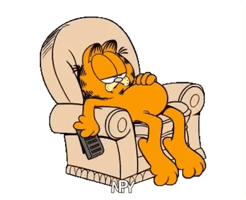 Garfield lounges in an armchair holding a remote control.
