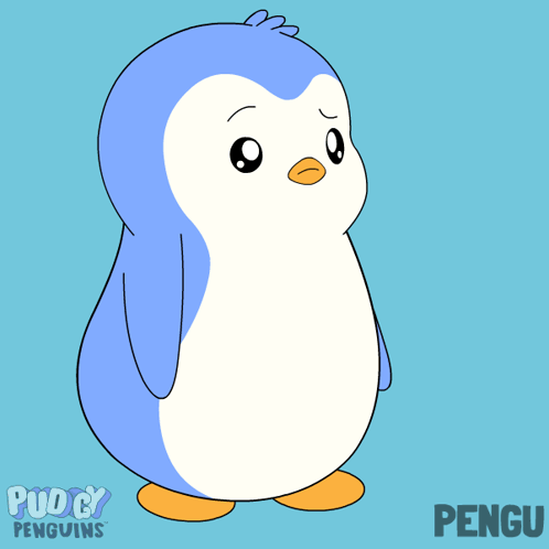 A blue cartoon penguin stands in confusion on a blue background.