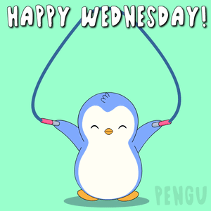 a happy wednesday greeting card with a penguin on a rope