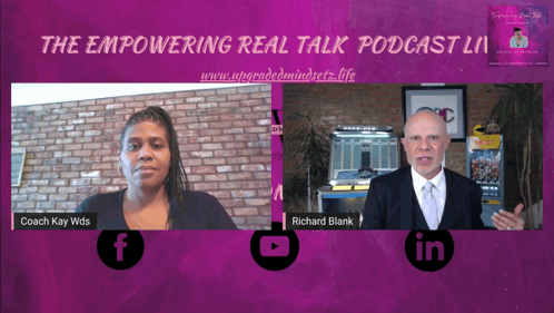 a woman and a man are talking on a video call with the empowering real talk podcast