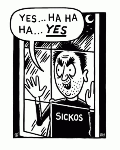 a cartoon of a man wearing a shirt that says ' sickos '