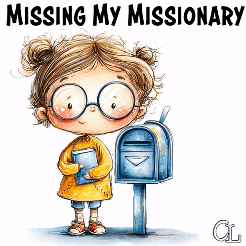 a cartoon of a girl holding a mailbox with the words missing my missionary written above her