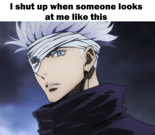 a picture of a man with a bandage on his eye and the caption " i shut up when someone looks at me like this