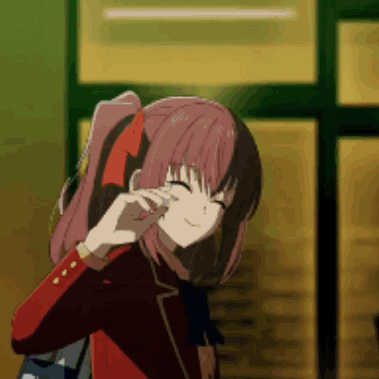 A red-haired anime girl covers her face with one hand in a dim room.