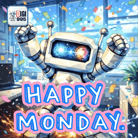 a happy monday greeting with a robot