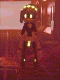 a cartoon character is standing in a dark room with a red background .