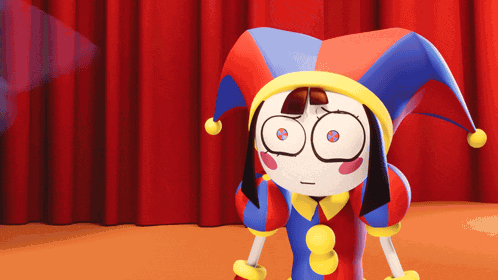 Pomni from The Amazing Digital Circus stands anxiously on a stage.