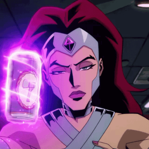 a woman with red hair is holding a purple object with the letter c on it