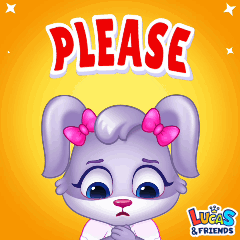 A purple cartoon girl looks sad beneath a large red-and-white “PLEASE.”
