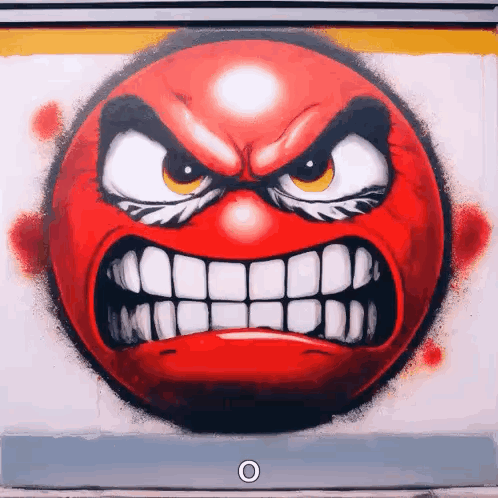 A red angry emoji character bares a huge toothy grin.