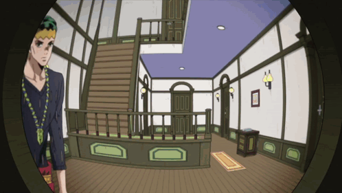 a cartoon of a man standing in a room with stairs