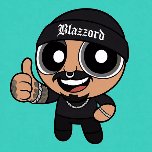 a cartoon character giving a thumbs up wearing a beanie that says blazzard