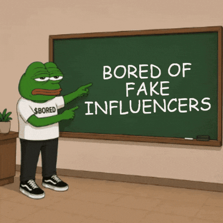 a cartoon frog points to a blackboard that says bored of fake influencers