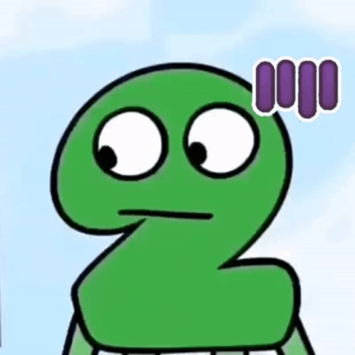 a cartoon of a green number two with big eyes and a purple sticker on his head .