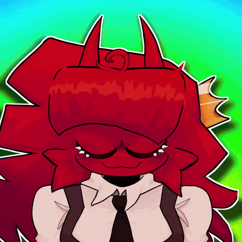a drawing of a red monster with horns and a tie